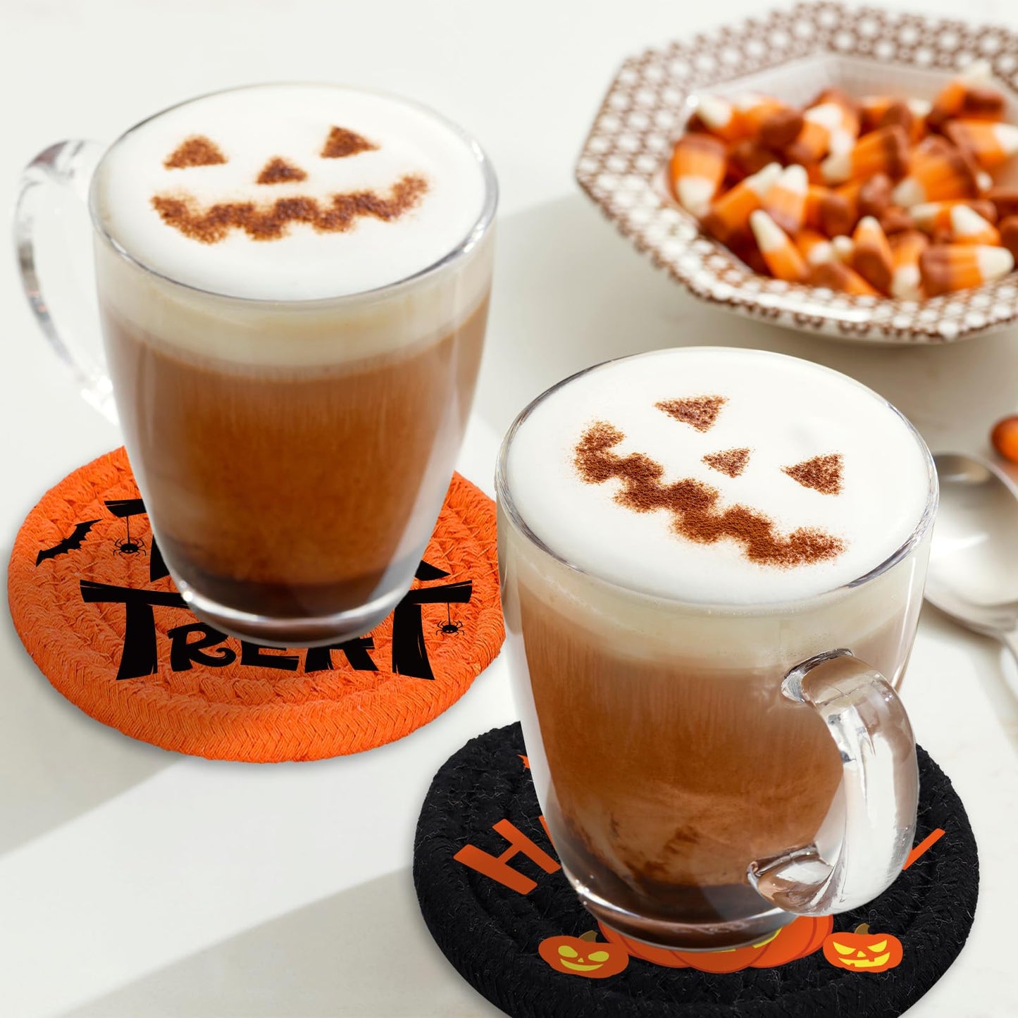 Whaline Happy Halloween Cotton Coasters Black Orange Pumpkin Face Handmade Braided Drink Coasters Trick or Treat Absorbent Cup Mats for Party Home Table Decor, Set of 4