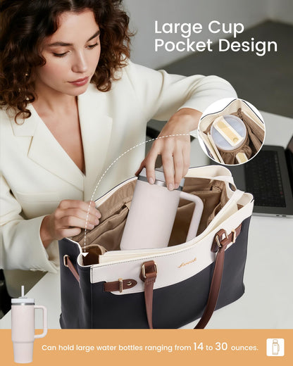 LOVEVOOK Laptop Tote Bag for Women Work, Teacher Tote Bag Nurse Bag with Large Cup Holder, 17.3 Inch Waterproof Leather Computer Bag Professional Business Office Briefcase, Black-beige-brown