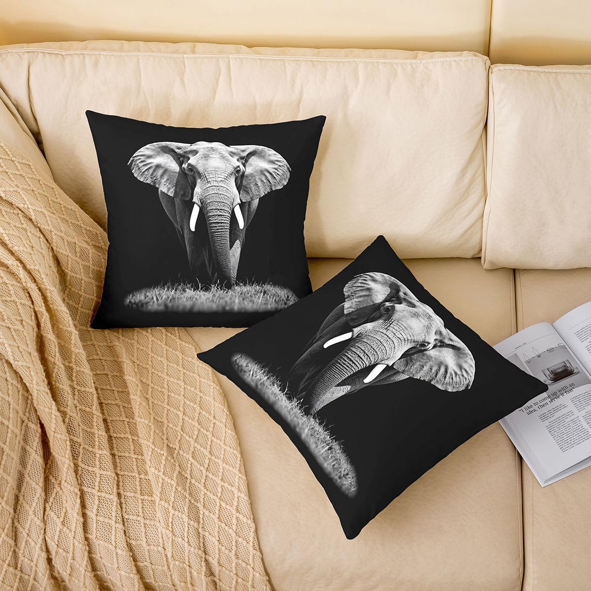 Feelyou Set of 2 Elephant Throw Pillow Covers, 3D Wild Animal Pattern Cushion Case for Home Living Room Decor, Reversible Exotic Style Theme Decorative Throw Cushion Case, 18x18 Inches