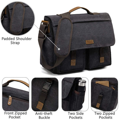 Messenger Bag for Men, VASCHY Vintage Water Resistant Waxed Canvas Satchel 15.6 inch Laptop Briefcase Shoulder Bag with Padded Shoulder Strap Gray