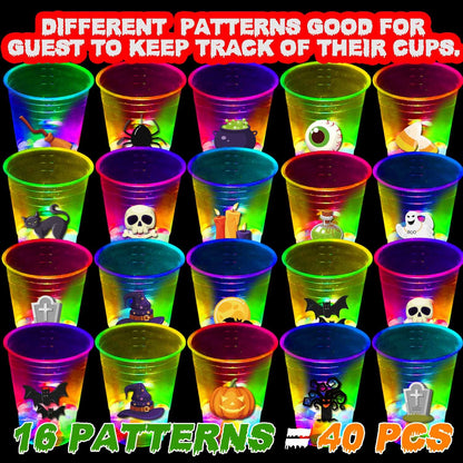 mishunyus 40 Pcs Glow in The Dark Halloween Party Cups - Pumpkin Bat Ghost Theme, Plastic Drinkware for Adults Party Supplies