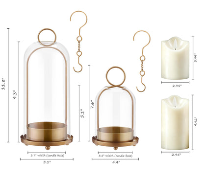 Gdfmsc Hurricane Metal & Glass Candle Holder Set of 2 with Timer Candles, Decorative Candlestick Pillar Holder with Clear Glass for Wedding Party Holiday Dining Table Centerpiece Lanter, Gold