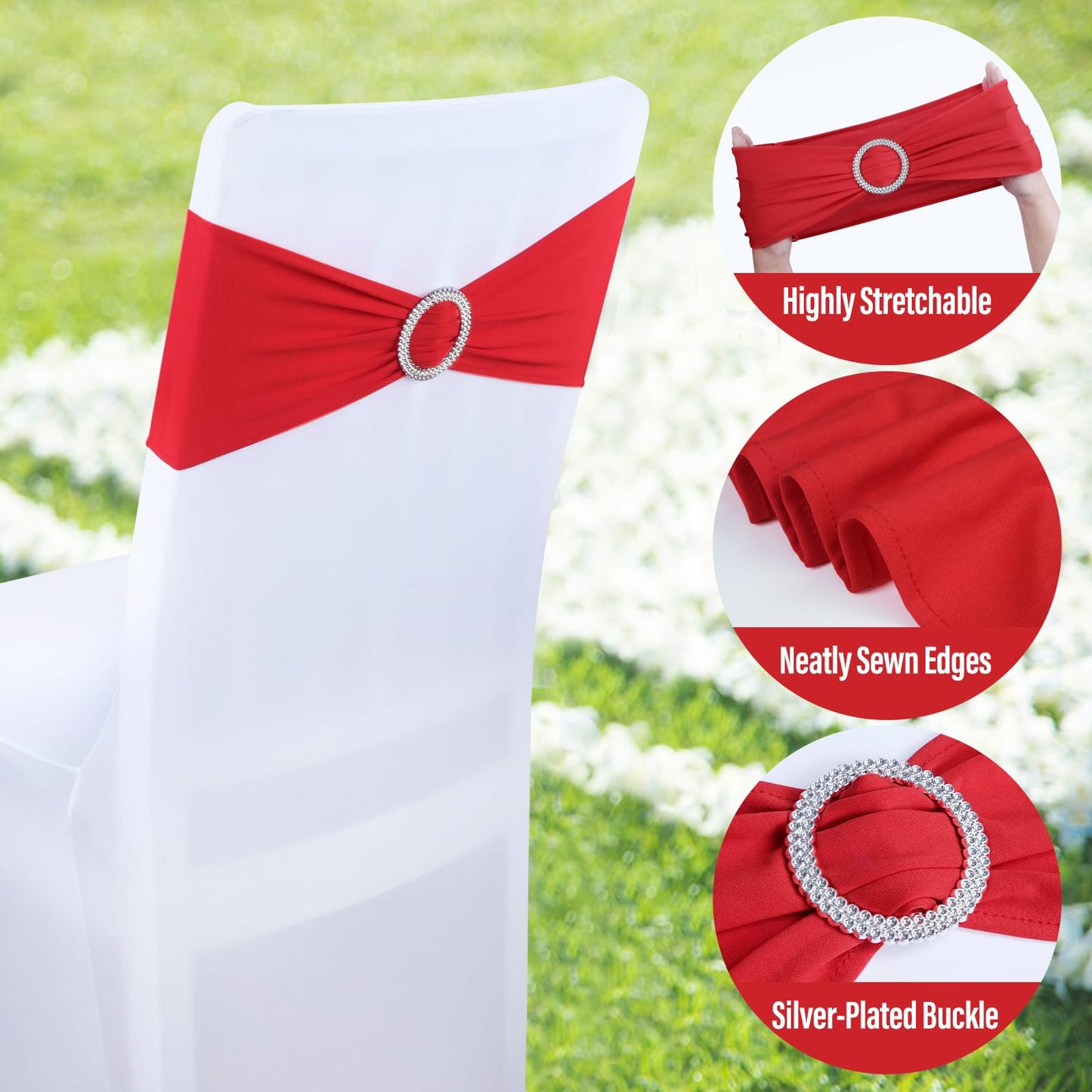 LEBENGURU Red Spandex Chair Sashes-30pcs Premium Stretch Bows with Buckle Slider, Universal Elastic Chair Bands for Wedding Party Banquet Decoration