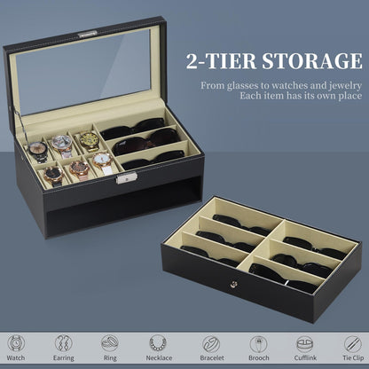 AUTOARK Leather 6 Watch Box Jewelry Case and 9 Piece Eyeglasses Storage and Sunglass Glasses Display Drawer Lockable Case Organizer,Black,AW-048