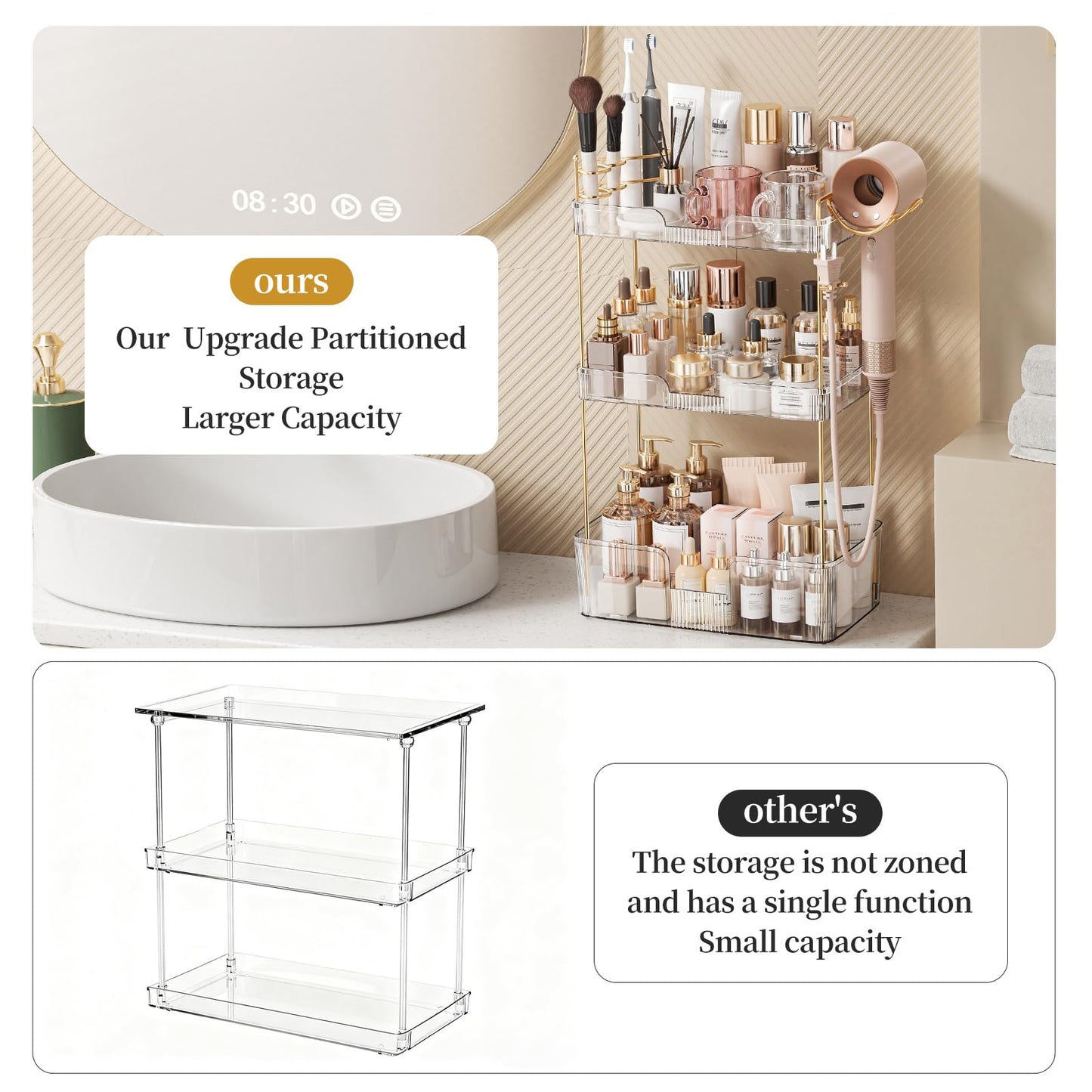Weidace Bathroom Counter Organizer for Vanity, Makeup Organizer Countertop with Holder, Large Capacity Storage Rack, Perfect Large Skincare, Hair Care, Perfume, Easy to Install (Clear, 3Tiers)