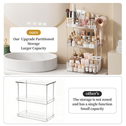 Weidace Bathroom Counter Organizer for Vanity, Makeup Organizer Countertop with Holder, Large Capacity Storage Rack, Perfect Large Skincare, Hair Care, Perfume, Easy to Install (Clear, 3Tiers)