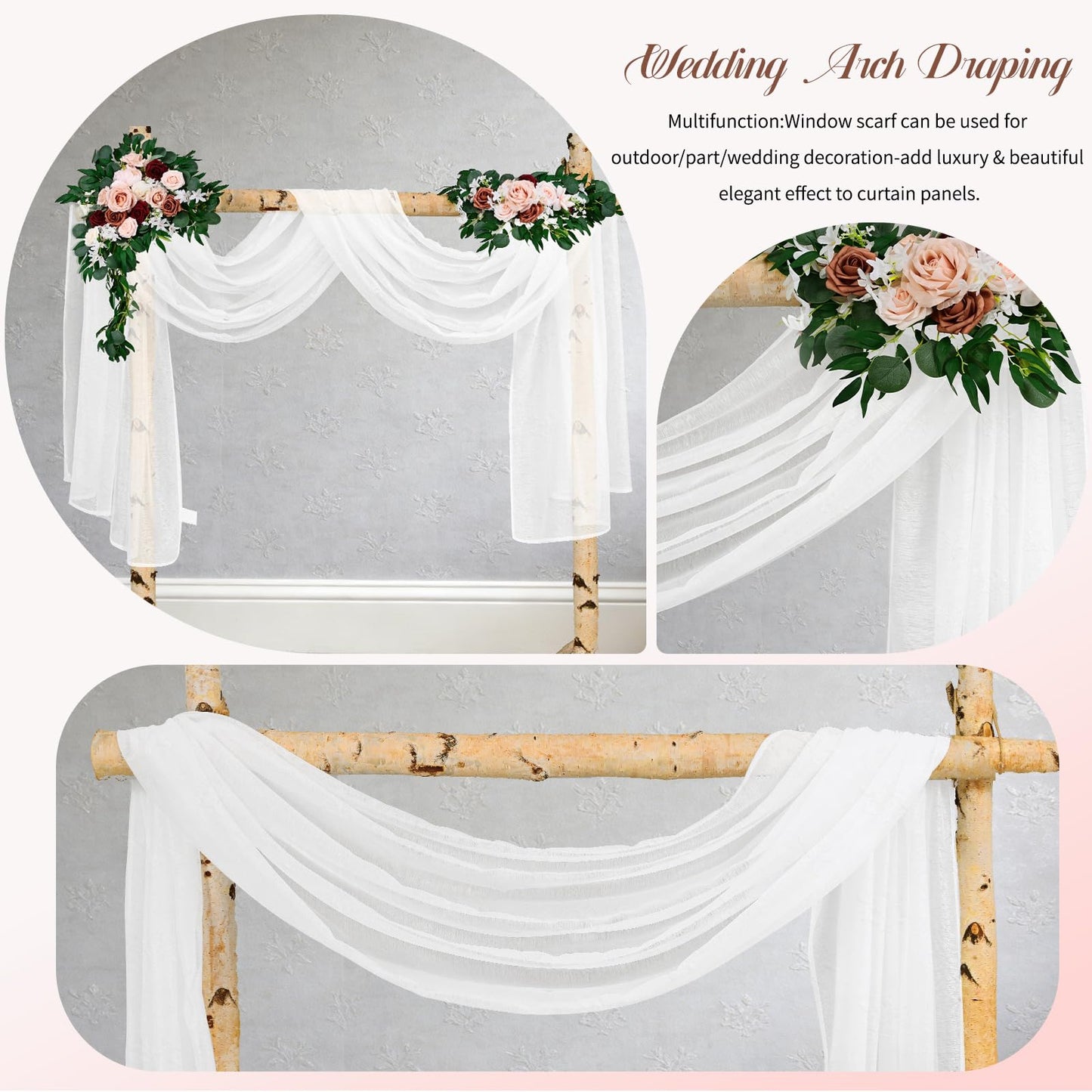 Showgeous 2 Panels White Window Scarf Valance Sheer Canopy Bed Curtains 52" X 144" Extra Long Topper Window Treatment Elegant Curtain Scarves Soft Voile Swag Curtain Drapes for Wedding Arch Home Decor