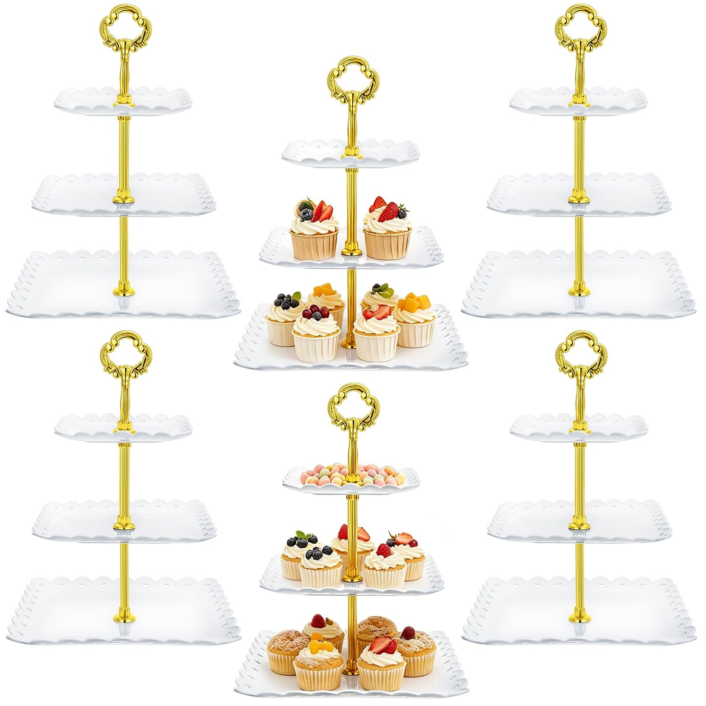 Gandeer 6 Sets of 3 Tier Tea Party Cupcake Stand, White Plastic Cupcake Dessert Plates Square Display Trays for Cake Fruit Candy Display Tower for Wedding Birthday Baby Shower Decorations