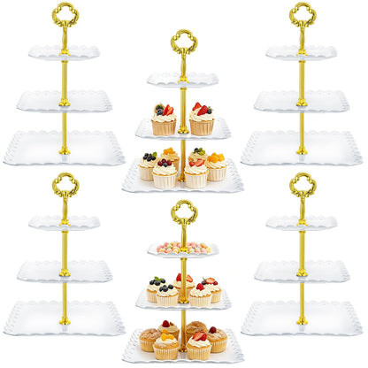 Gandeer 6 Sets of 3 Tier Tea Party Cupcake Stand, White Plastic Cupcake Dessert Plates Square Display Trays for Cake Fruit Candy Display Tower for Wedding Birthday Baby Shower Decorations