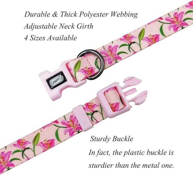 Dog Collar Leash Set, Floral Pattern, Polyester Material, Adjustable Collar and 5ft Matchcing Leash, for Puppy Dogs.(XS, Pink Lily)