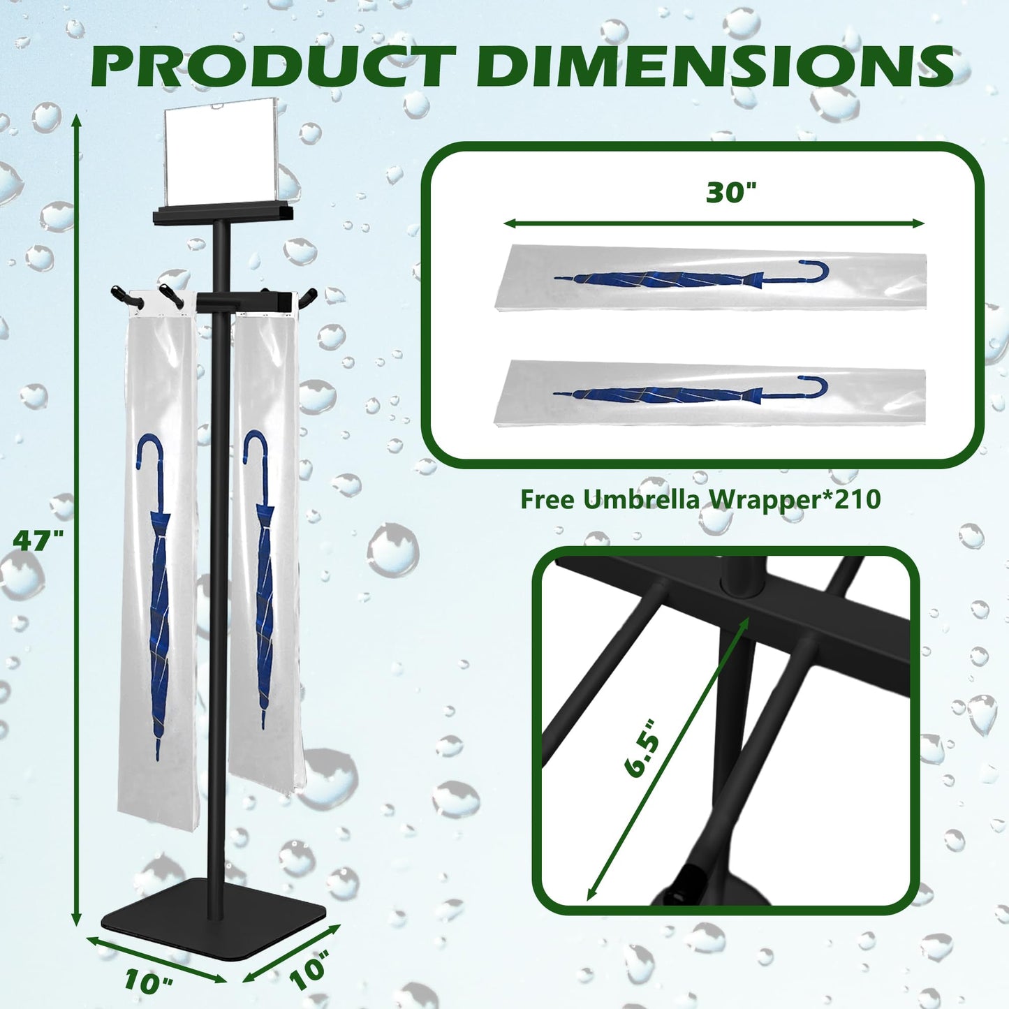 Montex Umbrella Bag Stand, Wet Umbrella Bags Stand with Free 210 Disposable Large Plastic Umbrellas Bags, Black