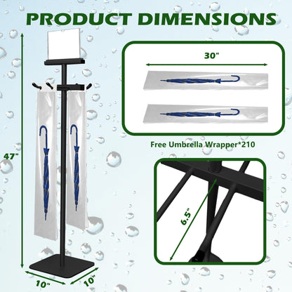 Montex Umbrella Bag Stand, Wet Umbrella Bags Stand with Free 210 Disposable Large Plastic Umbrellas Bags, Black