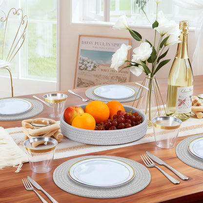 Round Placemats Set of 6 with Holder, Cotton Rope Woven Place Mats, Hot Pads for Kitchen, Heat Resistant Table Mats, 13 Inch Farmhouse Washable Braided Placemat for Kitchen Decor (Gray)