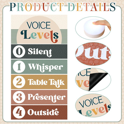 Glooglitter 5 Pcs School Magnetic Voice Level Chart Poster and Push Light Boho Classroom Decor LED Tap Light Chart Noise Voice Level Rules Sign for Classroom Teachers Back to School Supplies