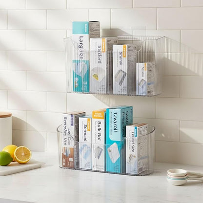 2 Pack Foil and Plastic Wrap Storage Rack, Adhesive Aluminum Foil Organizer for Cabinet Door and Pantry, Space-Saving Wrapping Paper Storage for Kitchen Cabinets, No Drilling, Clear