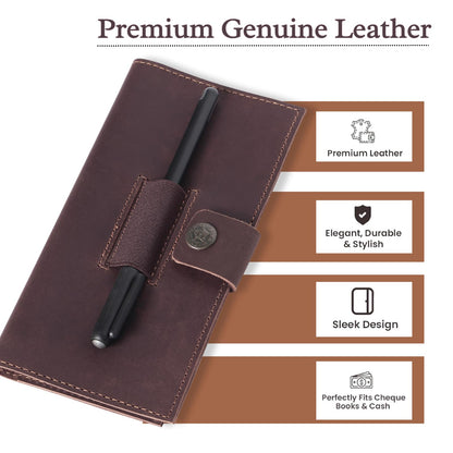 Brown Leather Checkbook Cover for Men & Women, Full Grain Check Book Wallet with Pen Holder, Fits Personal & Duplicate Checks, Slim Money Organizer Case, Durable Leather Checkbook Holder 7x3.75 Inches