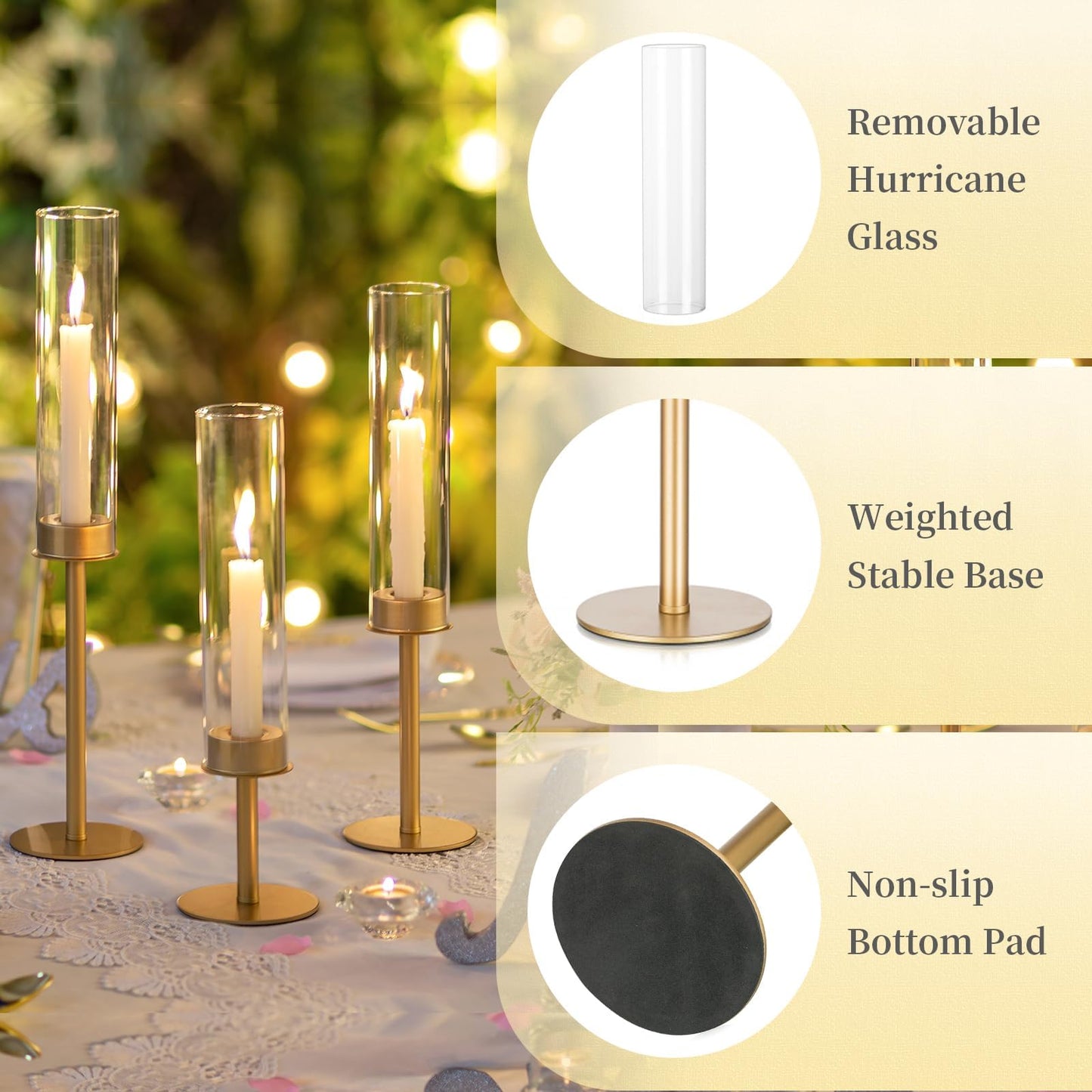 Hewory Gold Candle Holders, 3Pcs Brass Candle Stick Candelabra with Glass Candle Cover for Wedding Table Centerpiece Christmas Decor