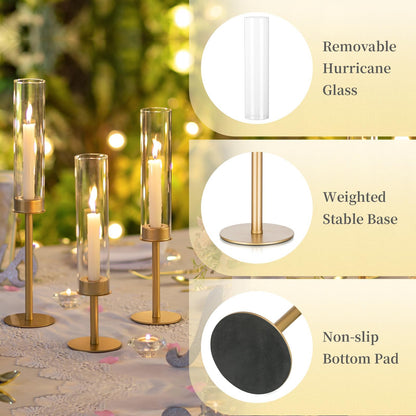 Hewory Gold Candle Holders, 3Pcs Brass Candle Stick Candelabra with Glass Candle Cover for Wedding Table Centerpiece Christmas Decor