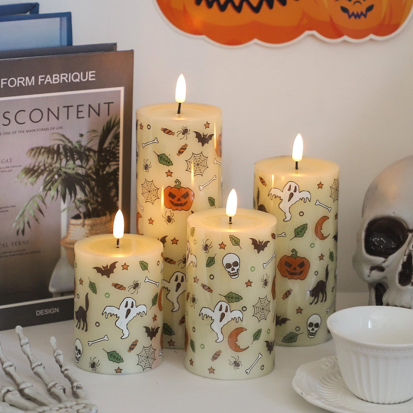 Lezonic Ivory Flameless Candles with Remote, LED Battery Operated Flickering with Timer, 4 Pack Glossy Wax Drips Design Real Wax Pillar for Halloween Decor, Centerpiece, Birthday Gifts (4/5/6/8 Inch)