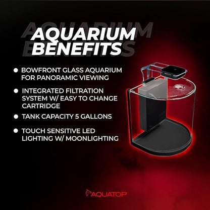 Aquatop Pisces Curved Bowfront Aquarium, 5-Gal Nano Tank – 53 GPH Flow Rate – Semi-Circle Glass Aquarium Kit with Touch Sensitive LED Light & Filter