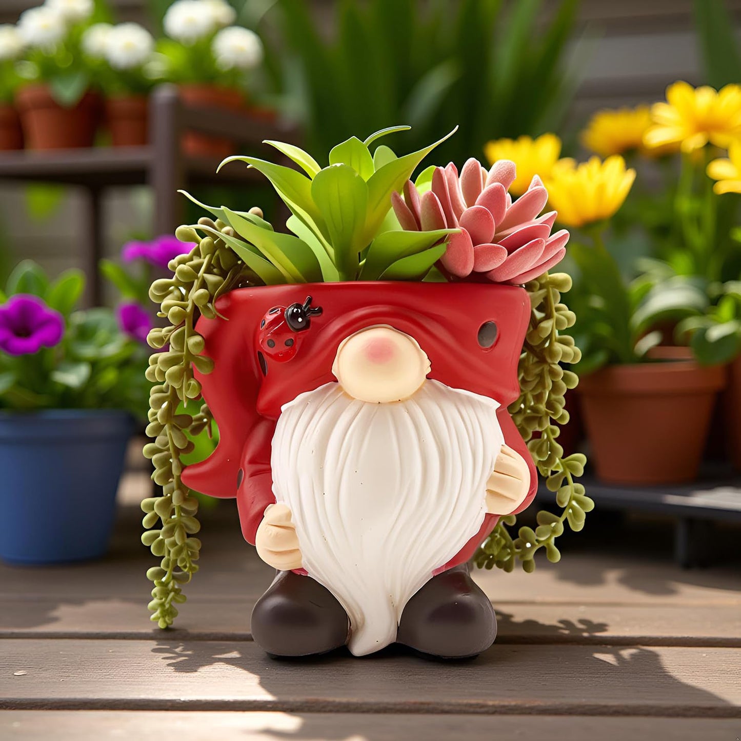 Unique Gnome Planter Pot, Cute Ceramic Gnome Flower Succulent Pot for Indoor Outdoor Plants Home Garden Spring Summer Christmas Decoration (Red)