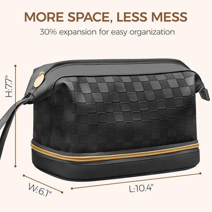 Hairao Large Makeup Bag for Women, Double Layer Travel Makeup Bag with Brush Compartment, Waterproof PU Leather Cosmetic Bag, Checkered Toiletry Bag Makeup Organizer for Skincare & Toiletries, Black
