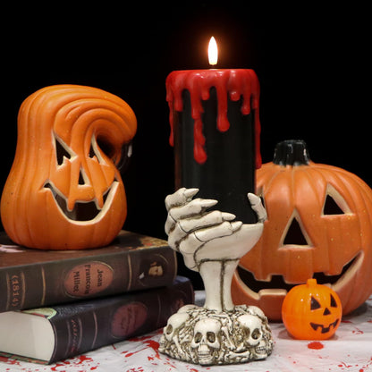 DRomance Black Flameless Flickering Candles with Timer, Blood Dripping Wax Effect Battery Operated LED Pillar Candle with Skeleton Hand Candle Holder Halloween Table Centerpiece Decor(4" x 11")
