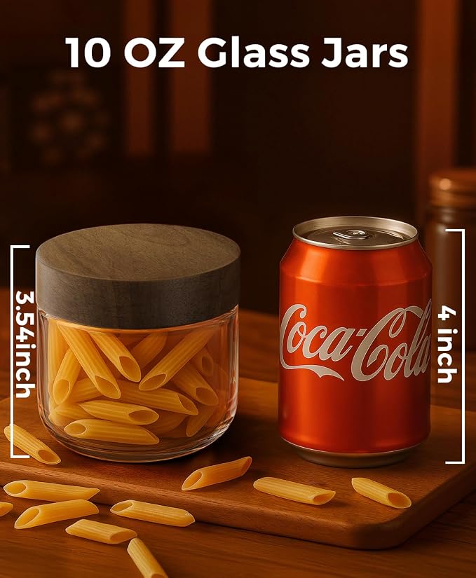 10oz 4 Pack Overnight Oats Containers with Lids, Glass Mason Jars with Acacia Wood Airtight Lids, Wide Mouth Meal Prep Storage Jars for Oats, Chia Pudding, Salad, Parfait, Snacks, Spice