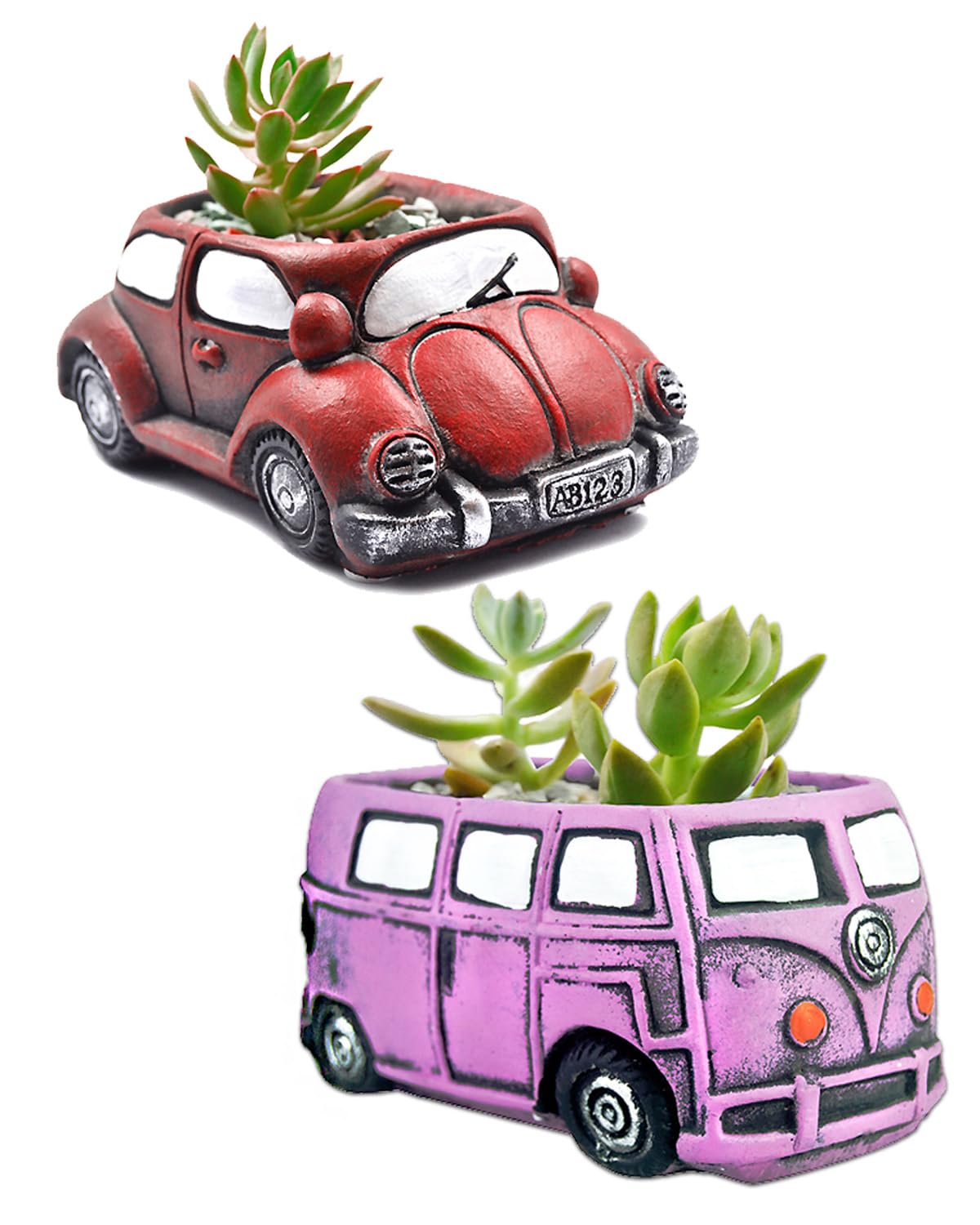 Ascrafter 2 Pack Cute Car Plant Pots, Funny Cartoon Succulent Planters with Drainage Hole (Redcar+PurpleBus)