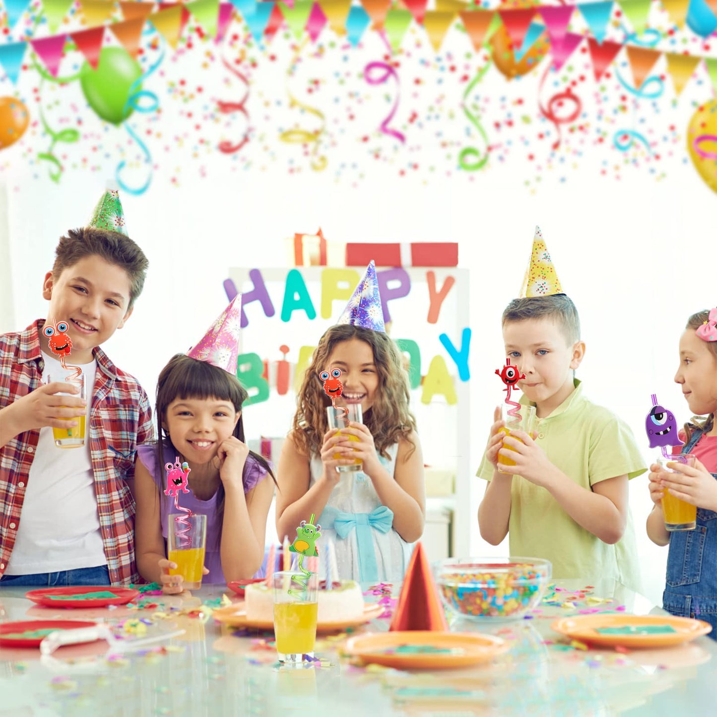 AFZMON 24 PCS Monster Drinking Straws Reusable Plastic Beverages Cocktail Straw with Cartoon Decoration for Kids Monster Party Supplies for Birthday Party Favors