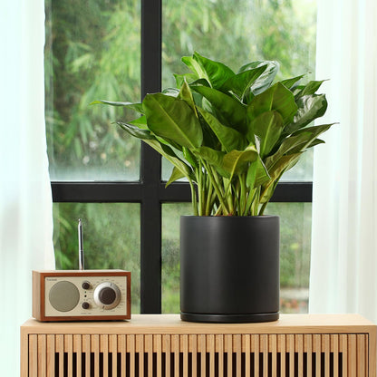 Kazeila Plant Pots Ceramic Planter for Indoor Outdoor Plants Flowers 10 Inch Matte Black Large Cylinder Flower Pot with Saucer and Drainage Hole,Glazed Finish Interior and Exterior