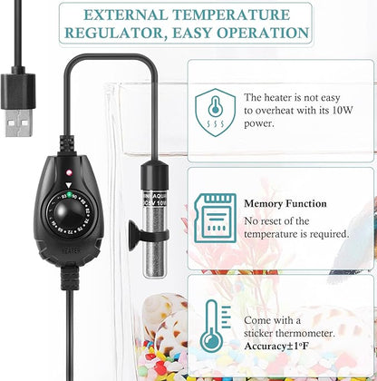 FEDOUR 10W Super Mini USB Aquarium Heater, Small Adjustable Heater with External Controller for up to 2.5 Gallon Small Fish Tank, Nano Fish Tank Heater, Betta Heater for Fish Bowls