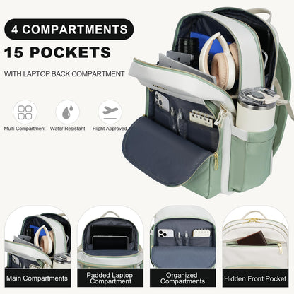 VANKEAN Laptop Backpack for Women with Pouch Pocket for Large Capacity Tumbler, 15.6 Inch Laptop Computer Bag Travel Backpack Purse,Waterproof Work Business College Teacher Bags, Beige-Light Green
