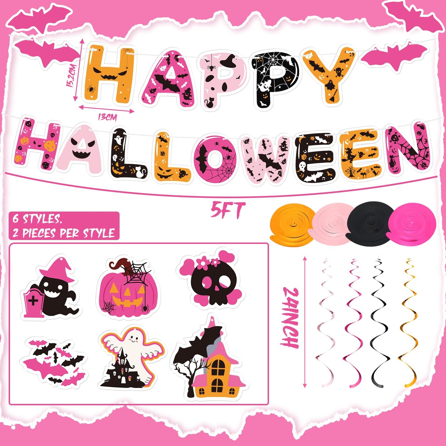Halloween Spooky Girls Night Decorations Hot Pink Happy Halloween Banner with Hanging Swirls Cute Spider Web Pumpkin Bats Ghost Hanging Swirls Pink Party Decorations for Birthday Bachelorette Party