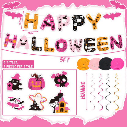 Halloween Spooky Girls Night Decorations Hot Pink Happy Halloween Banner with Hanging Swirls Cute Spider Web Pumpkin Bats Ghost Hanging Swirls Pink Party Decorations for Birthday Bachelorette Party