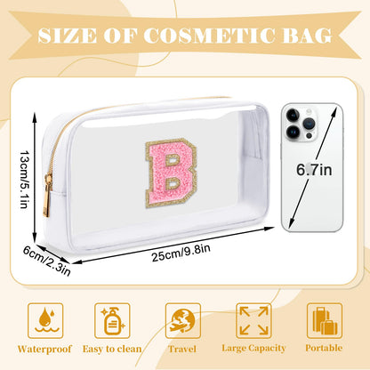 UIXIZQ Personalized Initial Letter Clear Makeup Bag,Preppy Small Nylon&PVC Cosmetic Zipper Bag with Chenille Letter,Travel Skincare Toiletry Bag,Monogram Christmas Gift for Teen Girls Women,B