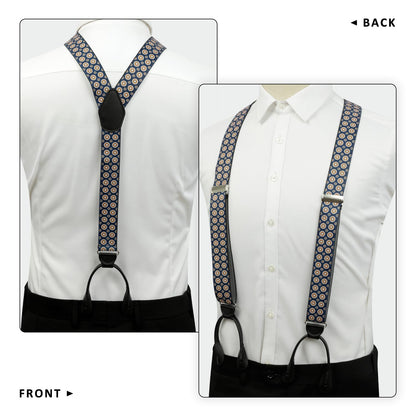 LEHOMU Men Button Suspenders Adjustable,1.4 Inch Wide Heavy Duty Y-Back Elastic Tuxedo Elastic Mens Suspenders with Leather Buttons End,Dark Blue and Golden Circle Pattern