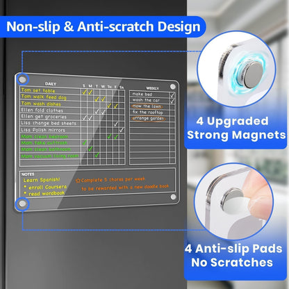 PigPotParty Acrylic Magnetic Chore Chart for Adults, 12x9.5 Inch Clear Dry Erase Chore Board for Fridge, Daily Weekly and Notes Sections, Pre-Installed Embedded Magnets, 8 Fine-tip Markers and Towel