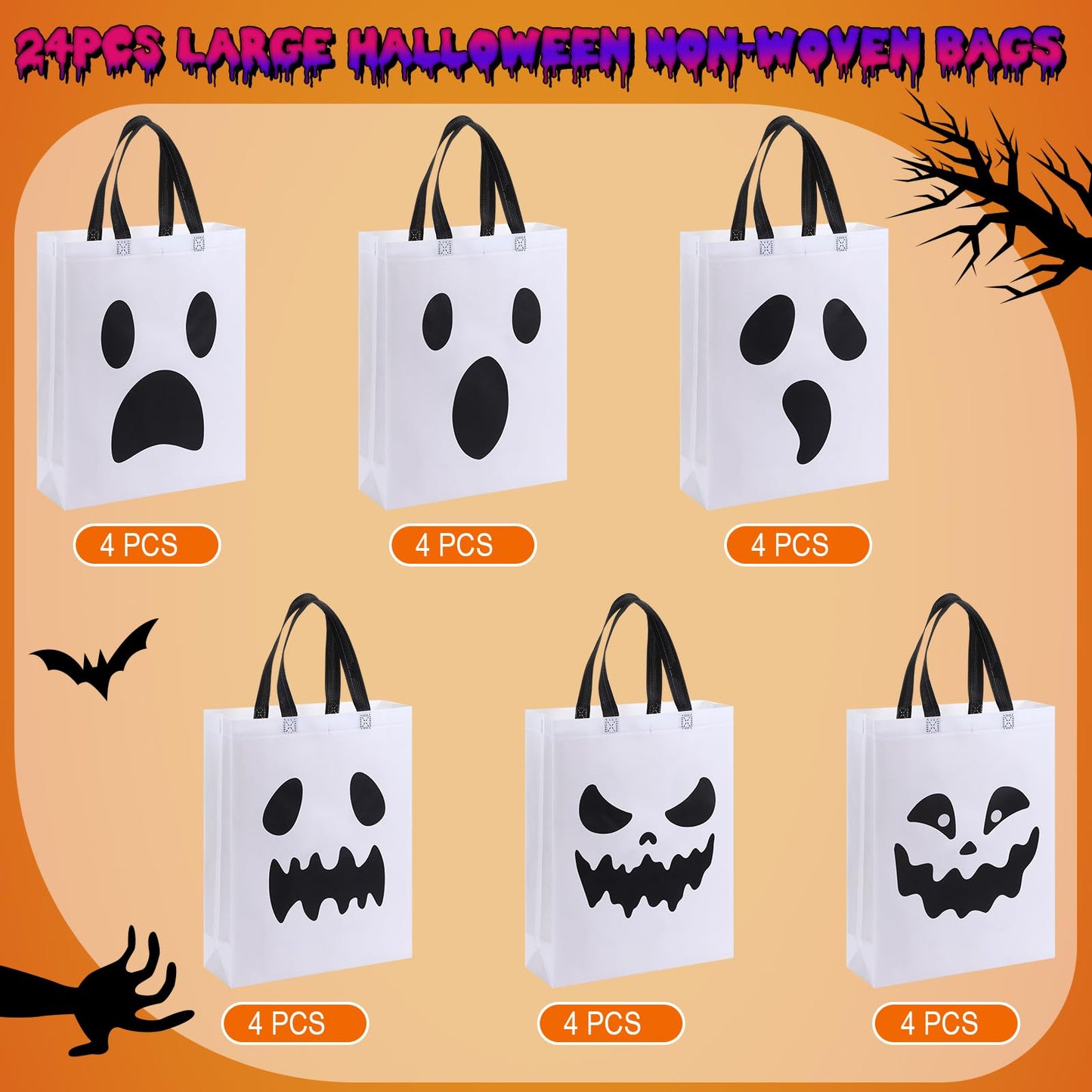 Sanwuta 24 Pcs Halloween Tote Gift Bags 14.9 x 11.8 Large Treat or Trick Ghost Reusable Non Woven Candy Goodies Bags for Halloween
