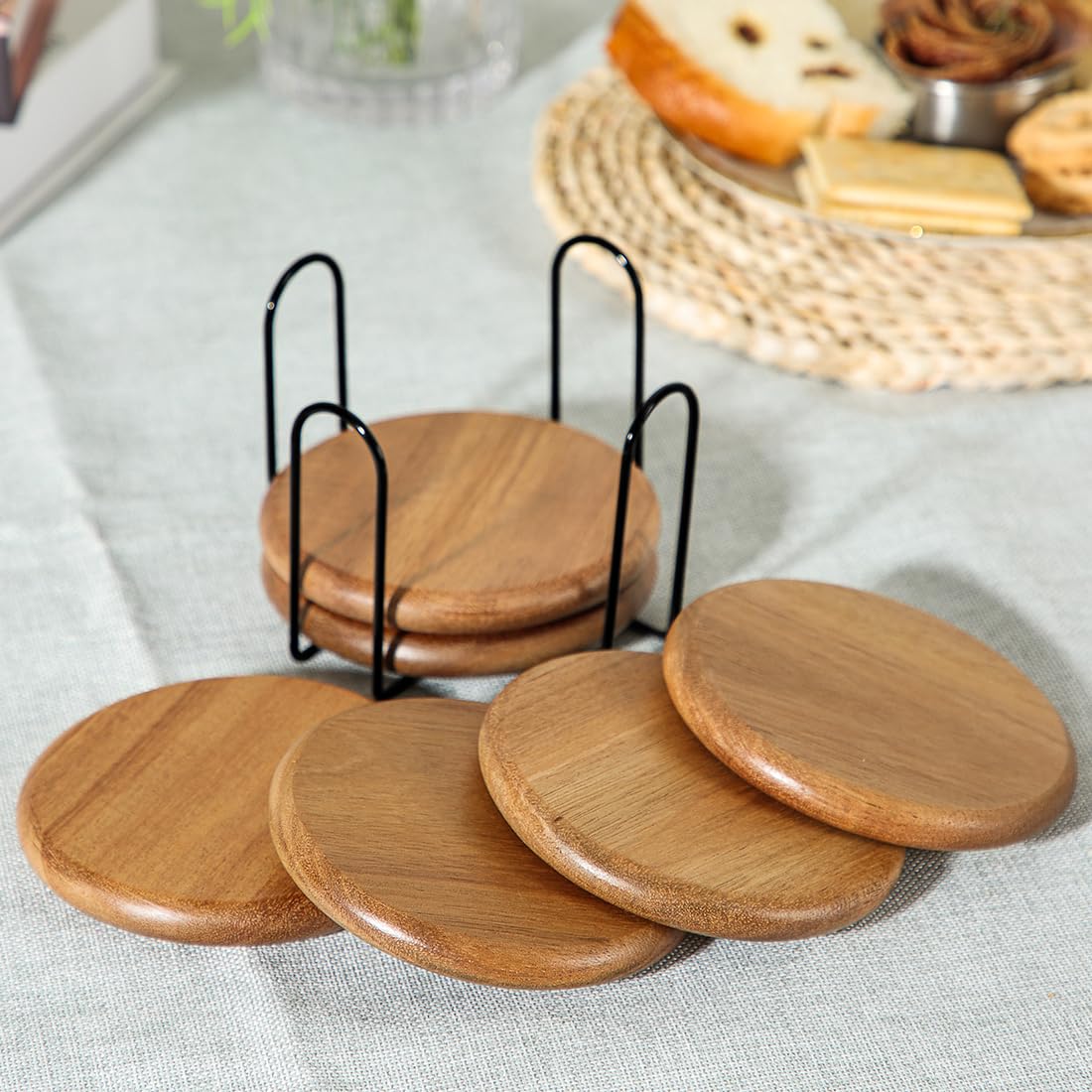 HALE OTEIR Acacia Wood Round Coasters Set of 6 with Holder, 3.93 Inch Rustic Wood Coasters with Smooth Rounded Edge for Mugs, Glasses, Coffee & Wine, Perfect for Home, Office or Christmas