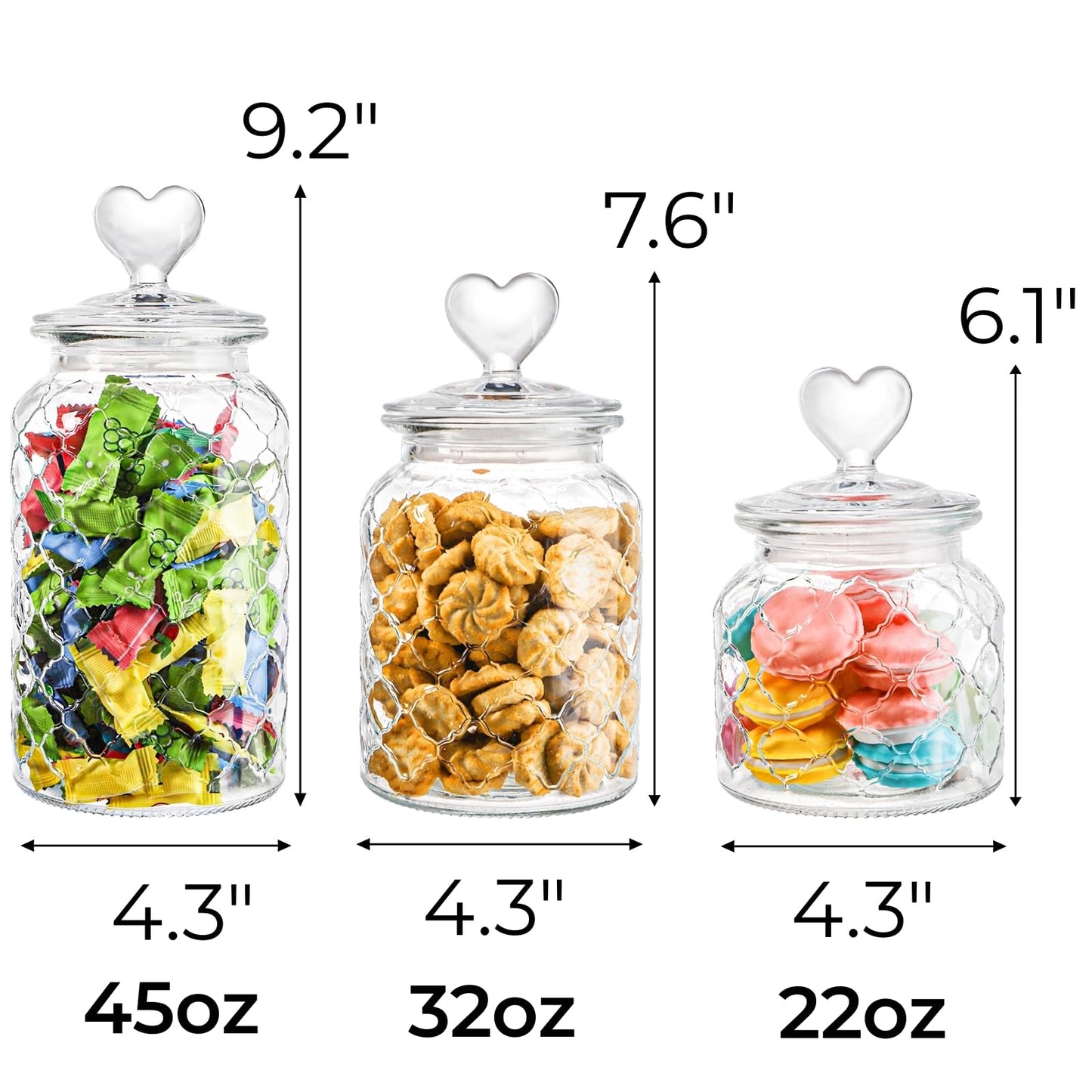 Hiceeden Set of 3 Cute Glass Jars with Airtight Lids, Candy & Cookie Food Storage Containers with Heart-shaped Handle, Glass Canister with Grid Texture for Coffee Beans, Flour, Sugar, 22/32/45oz