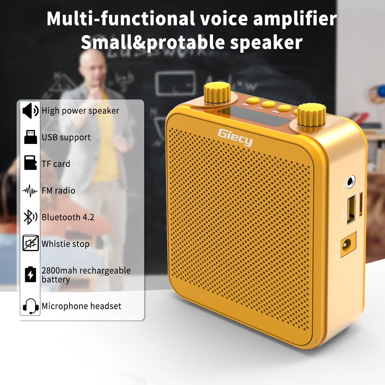 Giecy Voice Amplifier, Giecy 30W 2800mAh Rechargeable Personal Voice Amplifier with Microphone Headset, Portable Speaker for Multiple Locations Classroom, Meetings and Outdoors (G300-Yellow)
