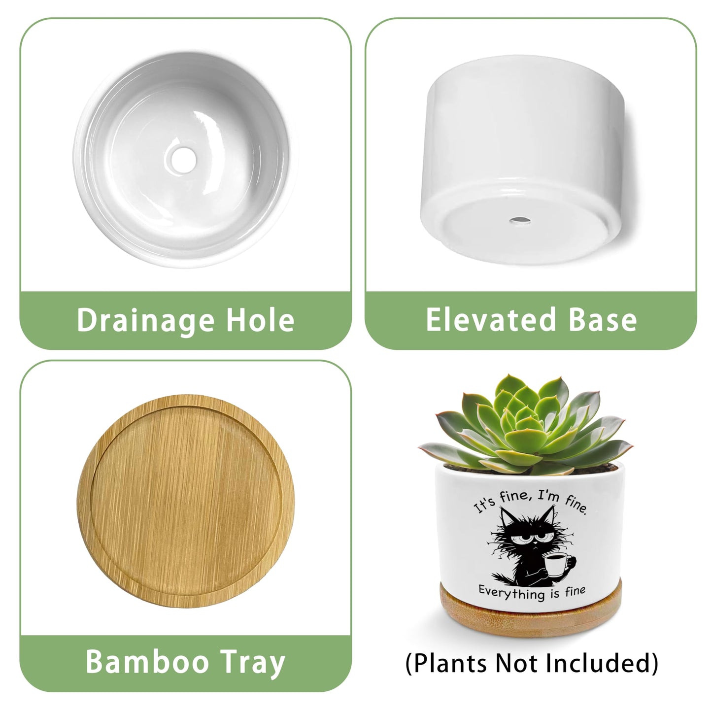 EVIHCG Funny Black Cat Planter Pots, Cat Lovers Gifts for Women Men, It's Fine I'm Fine Sarcastic Ceramic Succulent Plant Flower Planters for Home Office Desk Table Shelf(No Plants)
