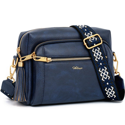 HILAEX Small Leather Crossbody Bags for Women Anti theft Purses and Handbag Shoulder Hangbag with Wide Strap Tassel Navy Blue