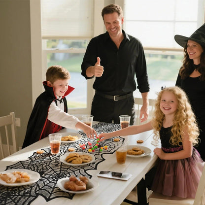 Heyigrow 15 Pcs Set Spider Web Decorations, Halloween Kit Black Lace Table Runner Cobweb Round Tablecloth Fireplace Scarf