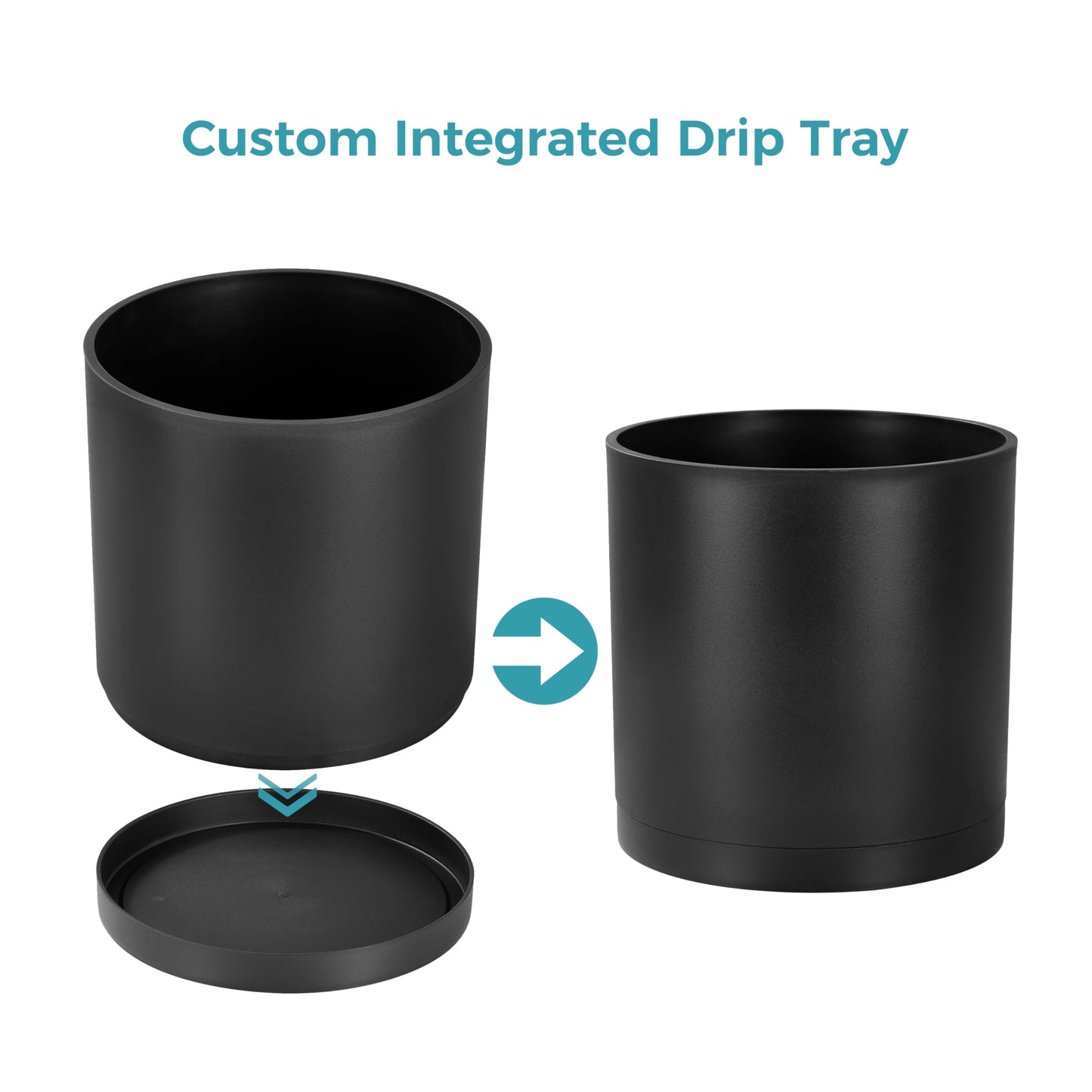 FaithLand 8-Inch Modern Cylinder Planter, Thick-Walled Plastic Plant Pot with Drainage Holes and Detachable Saucer, Matte Black, Ideal for Indoor & Outdoor Plants Flowers