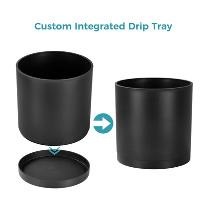 FaithLand 8-Inch Modern Cylinder Planter, Thick-Walled Plastic Plant Pot with Drainage Holes and Detachable Saucer, Matte Black, Ideal for Indoor & Outdoor Plants Flowers