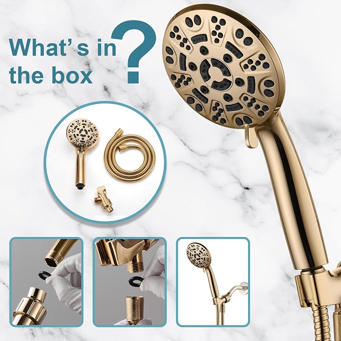 Cobbe 8-Setting Handheld Shower Head Bathroom Showerhead Set - Detachable Shower Heads with 5ft Stainless Steel Hose and Brass Swivel Bracket (Gold)