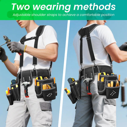 FamilyKit Tool Belt With Suspenders - Magnetic Heavy Duty Tool Belts with 18 Pockets, Tool Pouch with Detachable & Adjustable 32"-66" Waist for Electricians, Carpenters, Framers, Construction,Black
