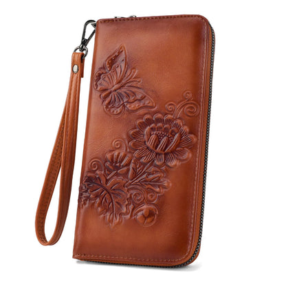 VIMUTI Womens Wallets Rfid Blocking Clutch Long Wallet for Women,Large Capacity Ladies Wallets with Card Slots and Phone Holder Embossed Flower Leather Travel Purse Wristlet Brown
